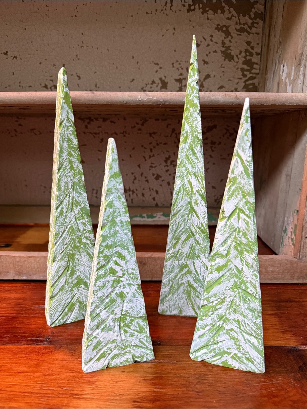 🌲 Handmade & Painted Snowy Green Holiday Trees Set of 4